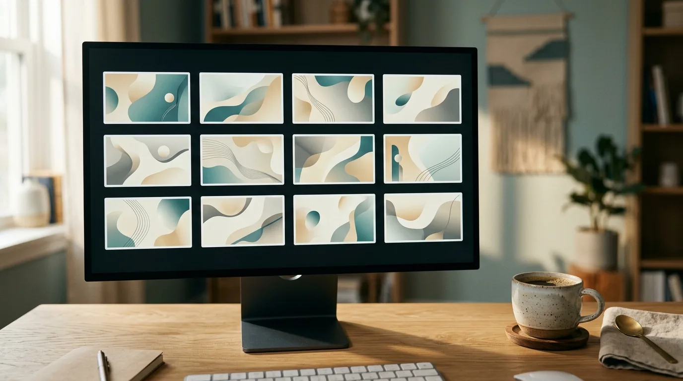 Scherm met een raster van twaalf videominiaturen naast een kop koffie op een bureau
