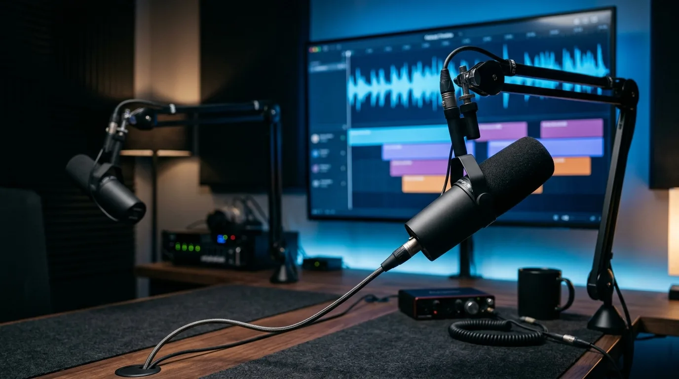 Podcaststudio met een broadcastmicrofoon op de voorgrond en een scherm met audiogolfvorm en tijdlijn op de achtergrond