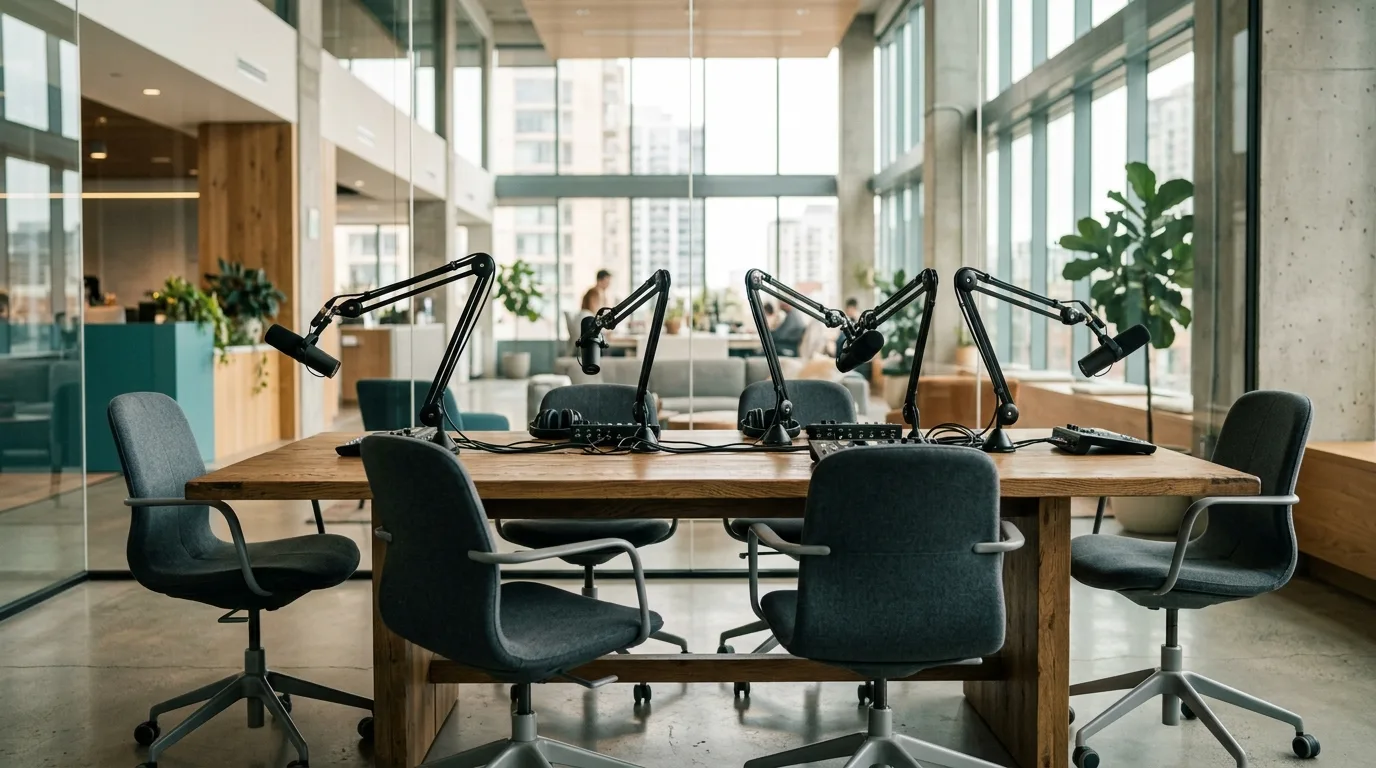 Lege stoelen rond een podcasttafel in een licht kantoor met microfoons op statief