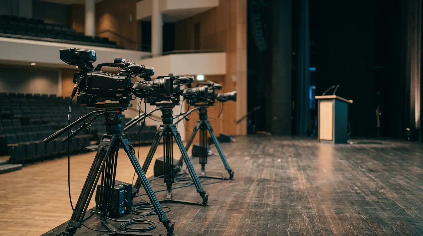 Drie camera's op statief in een congreszaal, gericht op een leeg podium