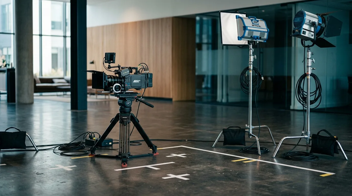 Filmset op een bedrijfslocatie met lampen, camera en gemarkeerde posities op de vloer