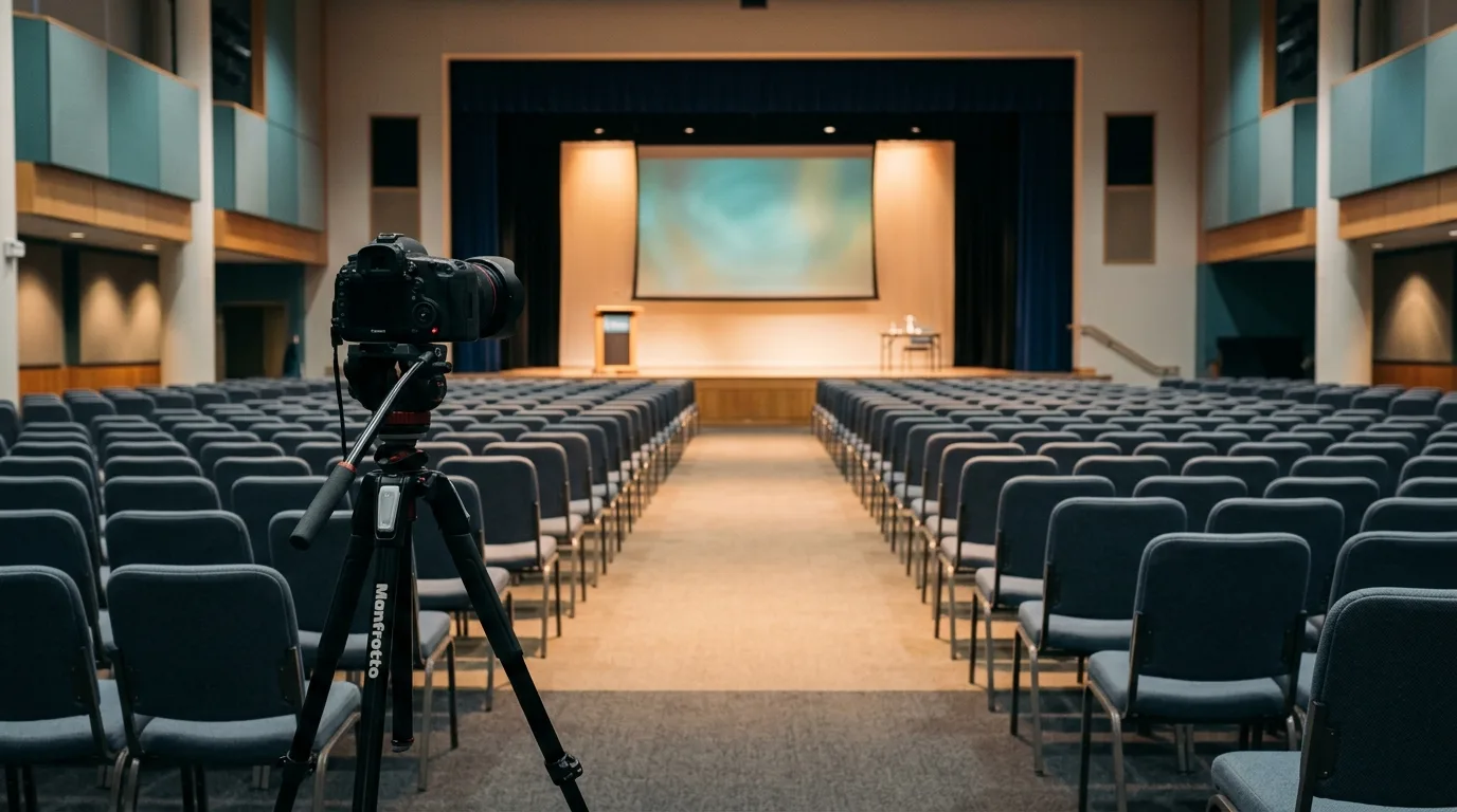 Congreszaal tijdens de opbouw, lege stoelen richting een verlicht podium met een camera op statief op de voorgrond