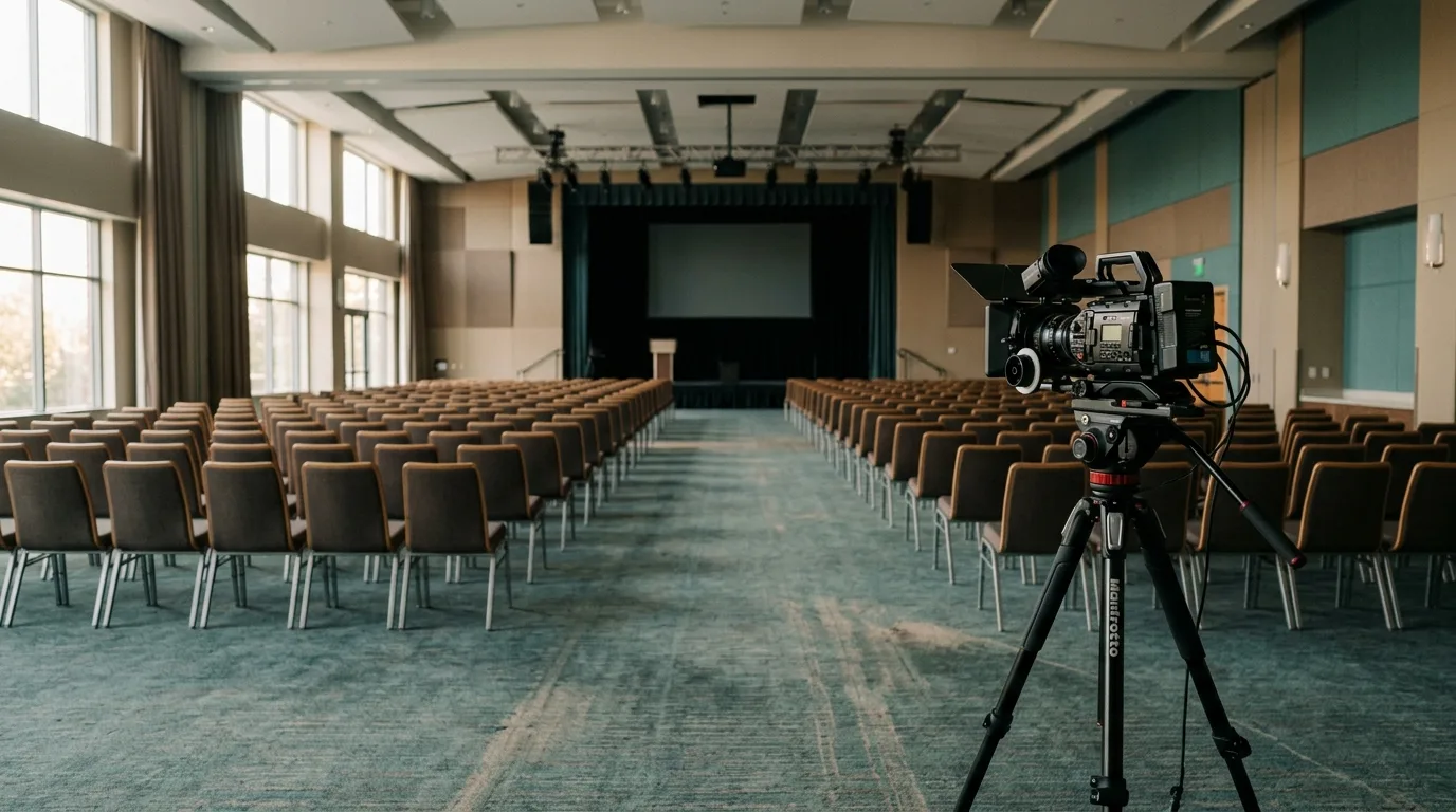Lege congreszaal na afloop van een event met een camera op statief achterin
