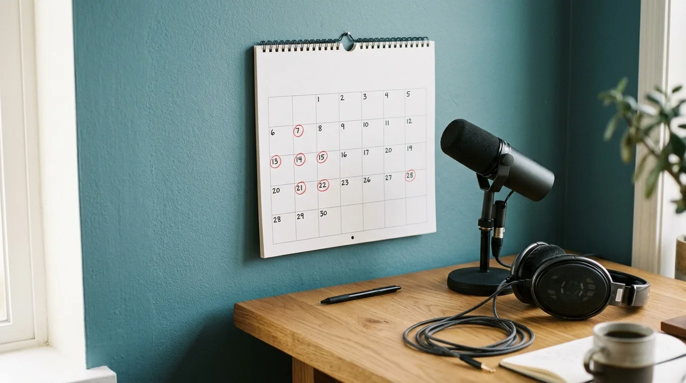 Wandkalender met gemarkeerde opnamedagen naast een microfoon en koptelefoon