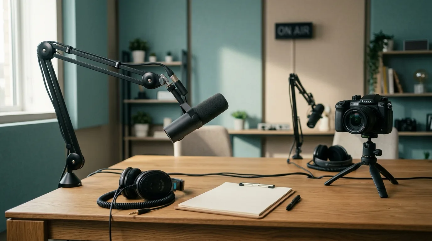 Ingerichte podcaststudio klaar voor een opnamedag met microfoons, camera en koptelefoon