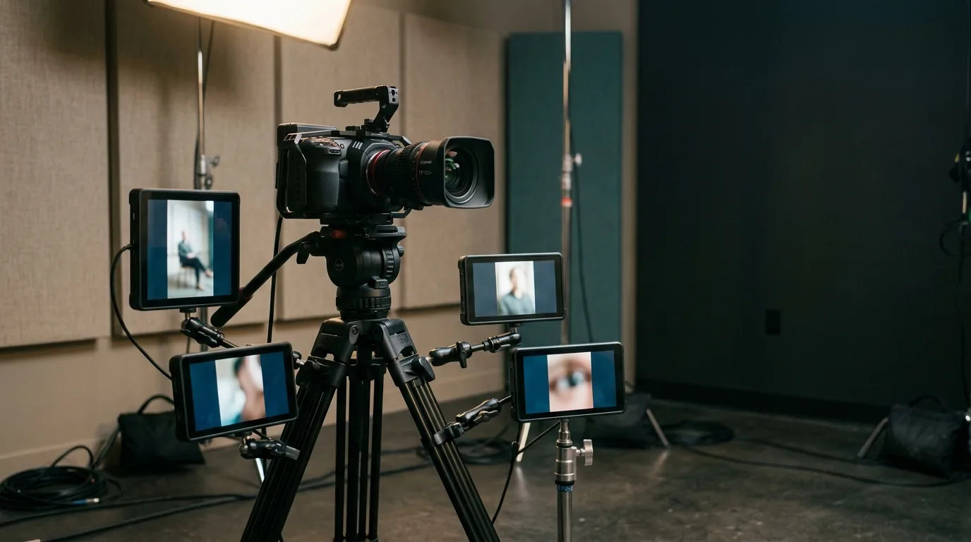 Camera op statief in een studio met meerdere schermen die verschillende verticale uitsnedes tonen