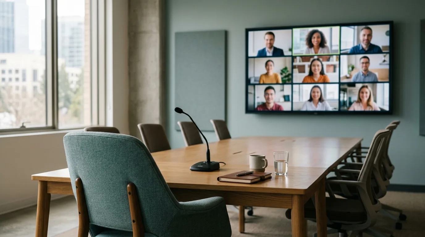 Vergaderzaal met een wandscherm vol deelnemers op afstand en een lege stoel met microfoon aan tafel