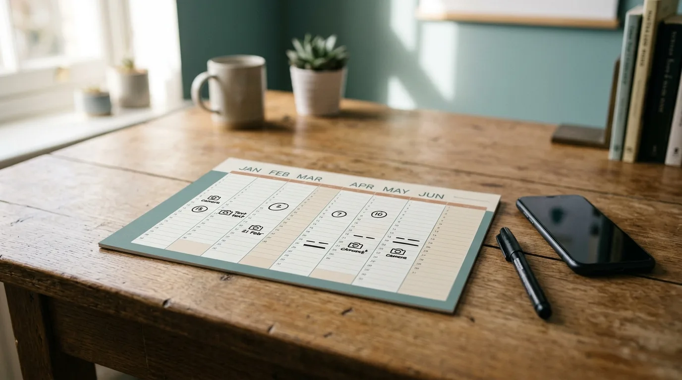 Kwartaalplanner met gemarkeerde opnamedagen, een stift en een telefoon op een houten bureau