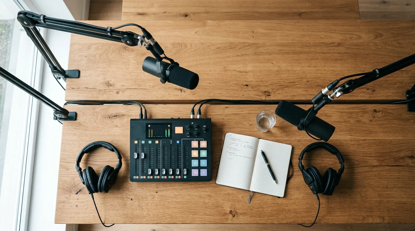 Podcastopstelling van bovenaf met twee microfoons, koptelefoon en een mengpaneel