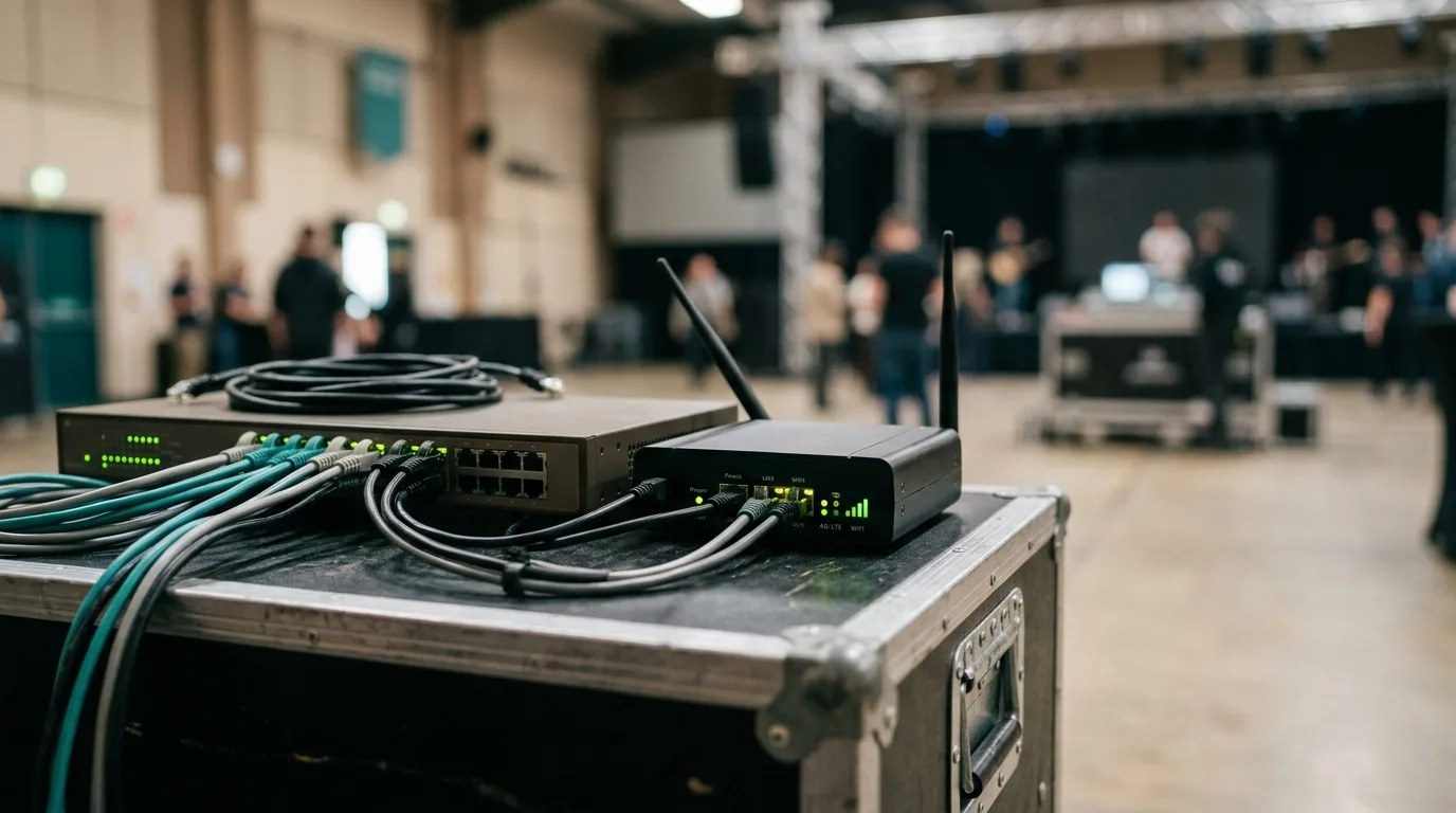 Netwerkswitch en 4G-router op een flightcase bij een event, kabels aangesloten en statuslampjes aan