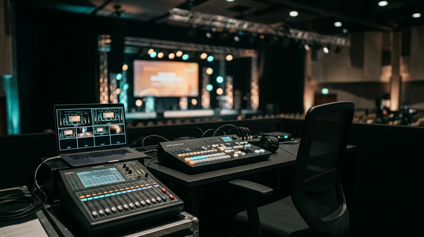 Regieplek bij een livestream met beeldmengpaneel, laptop met multiview en audiofaders