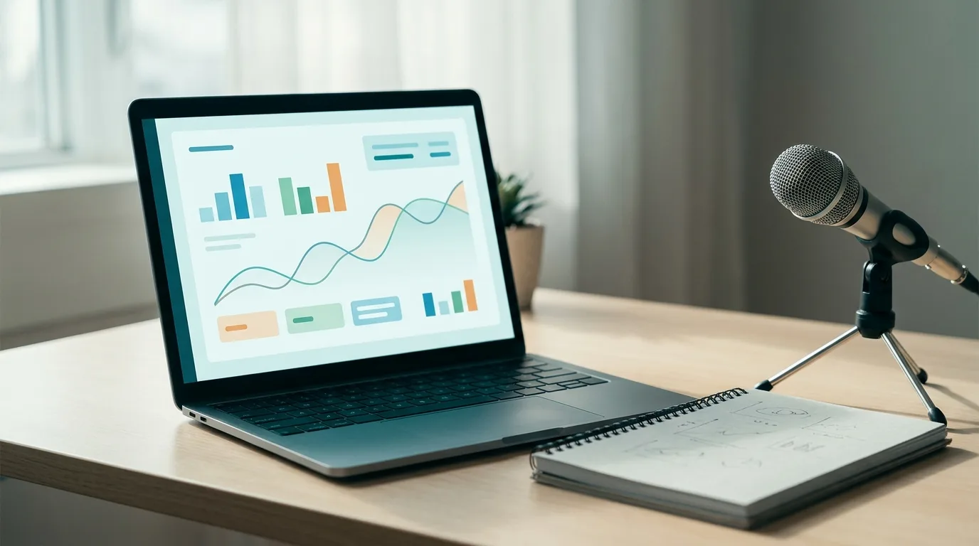 Laptop met een dashboard vol staafjes en een lijngrafiek, naast een notitieboek en een microfoon