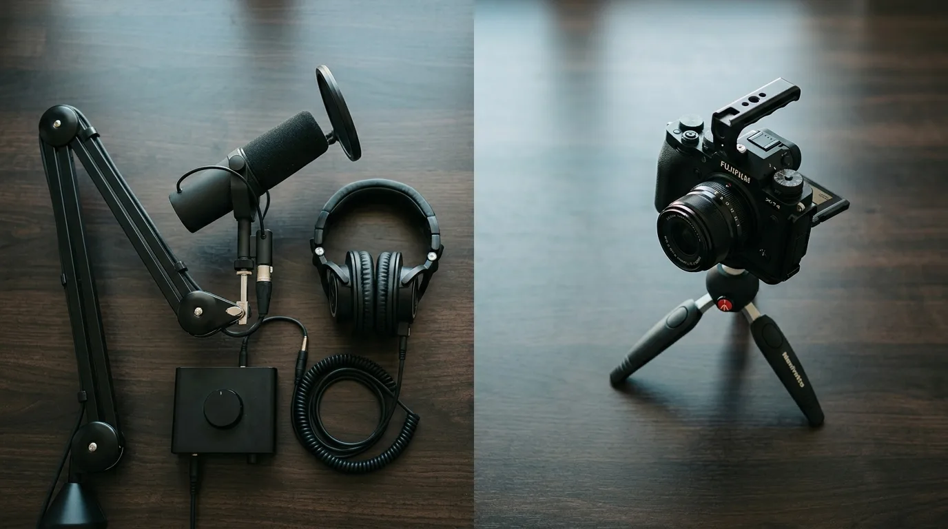 Bureau met links een microfoon met koptelefoon en rechts een kleine camera op statief