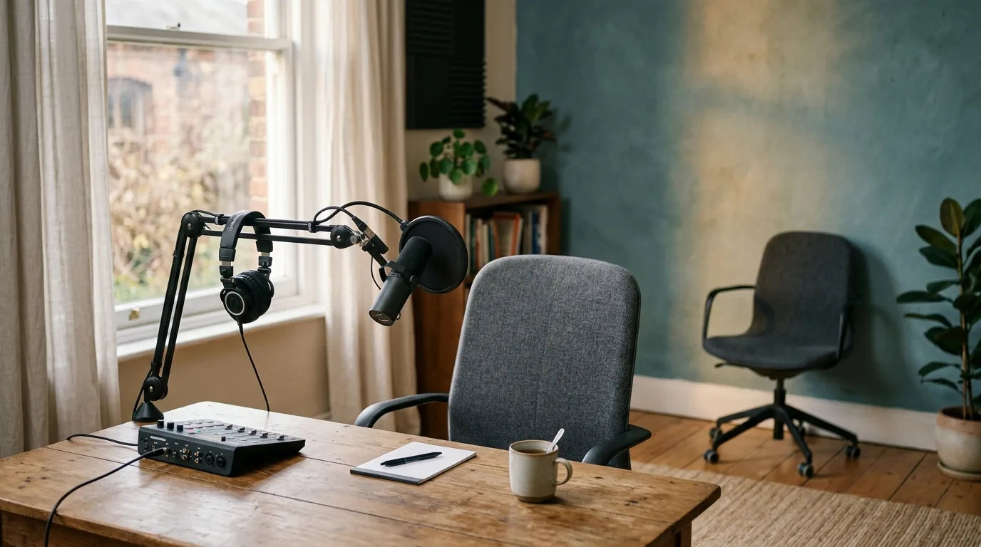 Lege stoel achter een podcastmicrofoon aan tafel, met een tweede stoel verder naar achteren geschoven