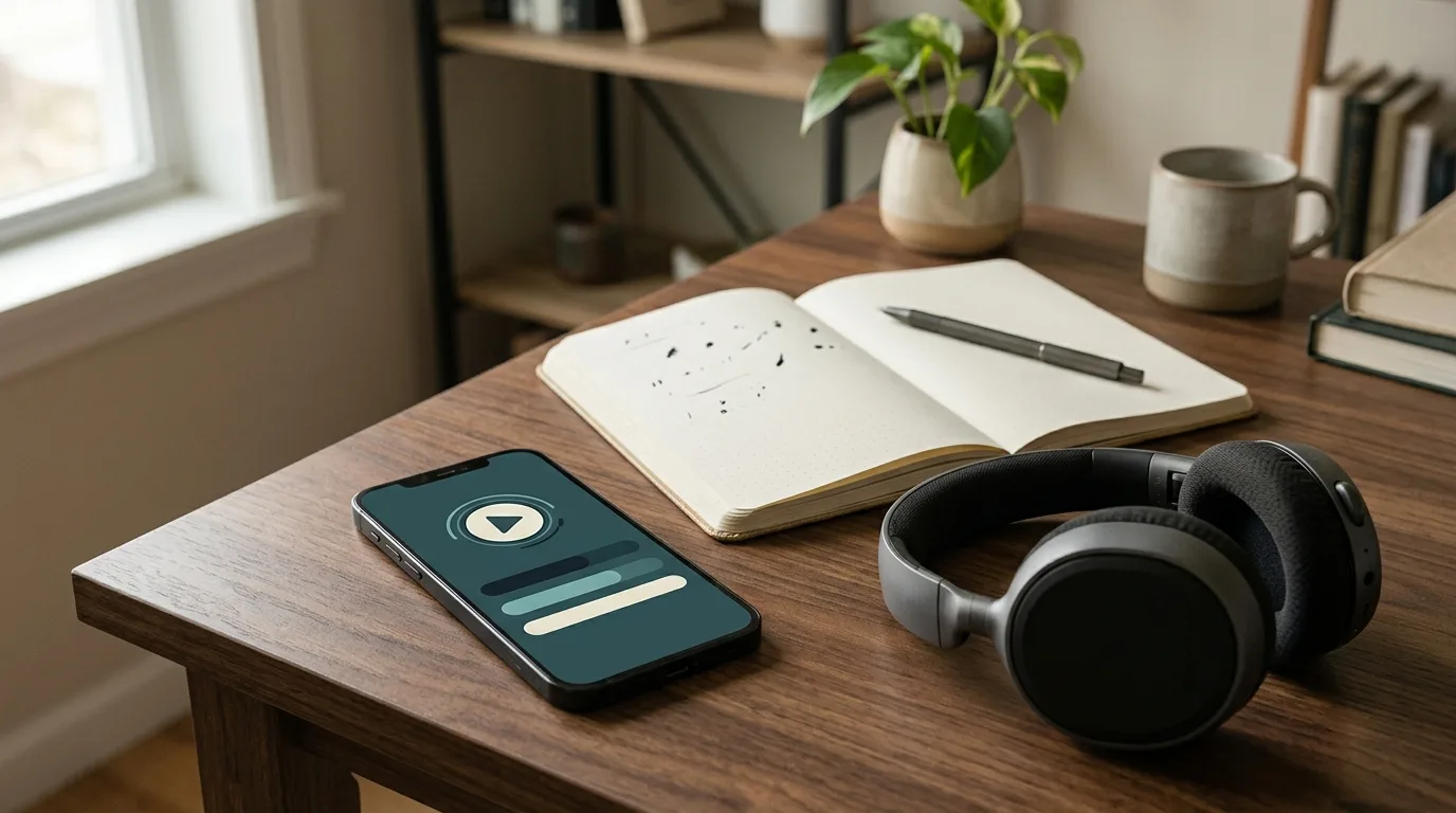 Telefoon op een bureau met een podcastspeler in beeld, naast een koptelefoon en een notitieboek