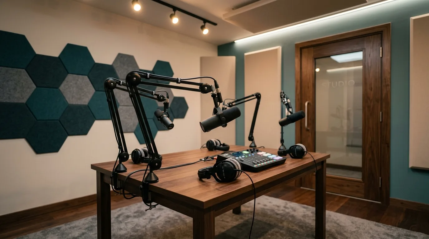 Lege podcaststudio met twee microfoons aan zwenkarmen boven een houten tafel