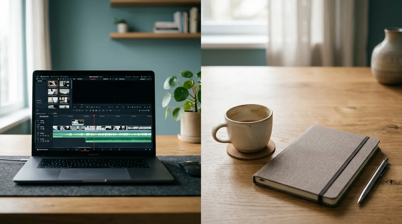 Bureau met aan de ene kant een laptop met montagetijdlijn en aan de andere kant een gesloten agenda