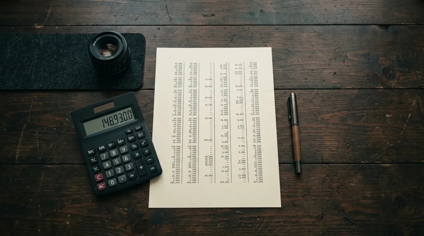 Rekenmachine, een uitgeprinte offerte en een cameralens op een donker bureau