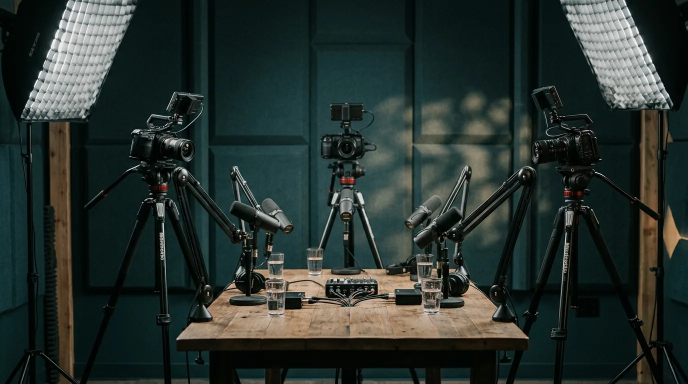 Podcaststudio ingericht voor video met drie camera's op statief en softbox-verlichting
