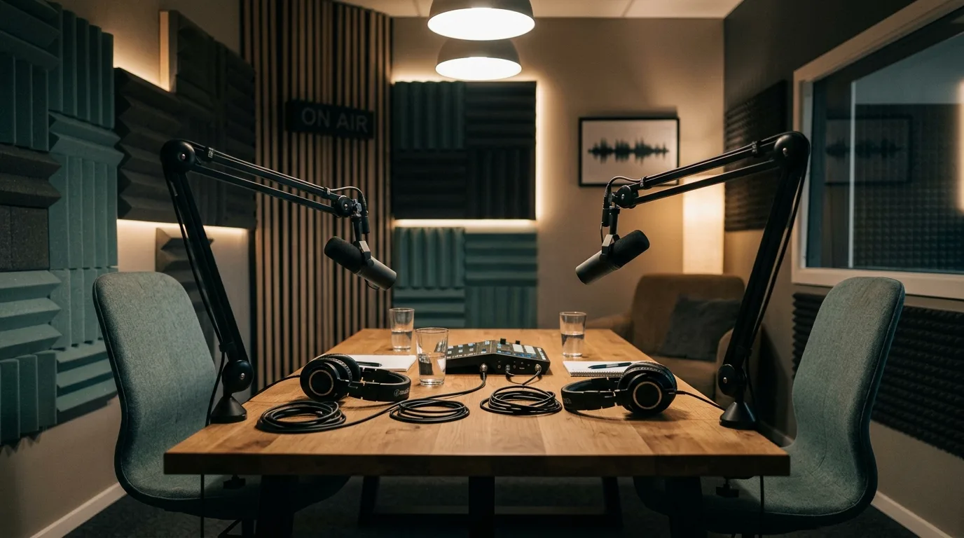 Lege podcaststudio met microfoons en koptelefoon na een opnamedag