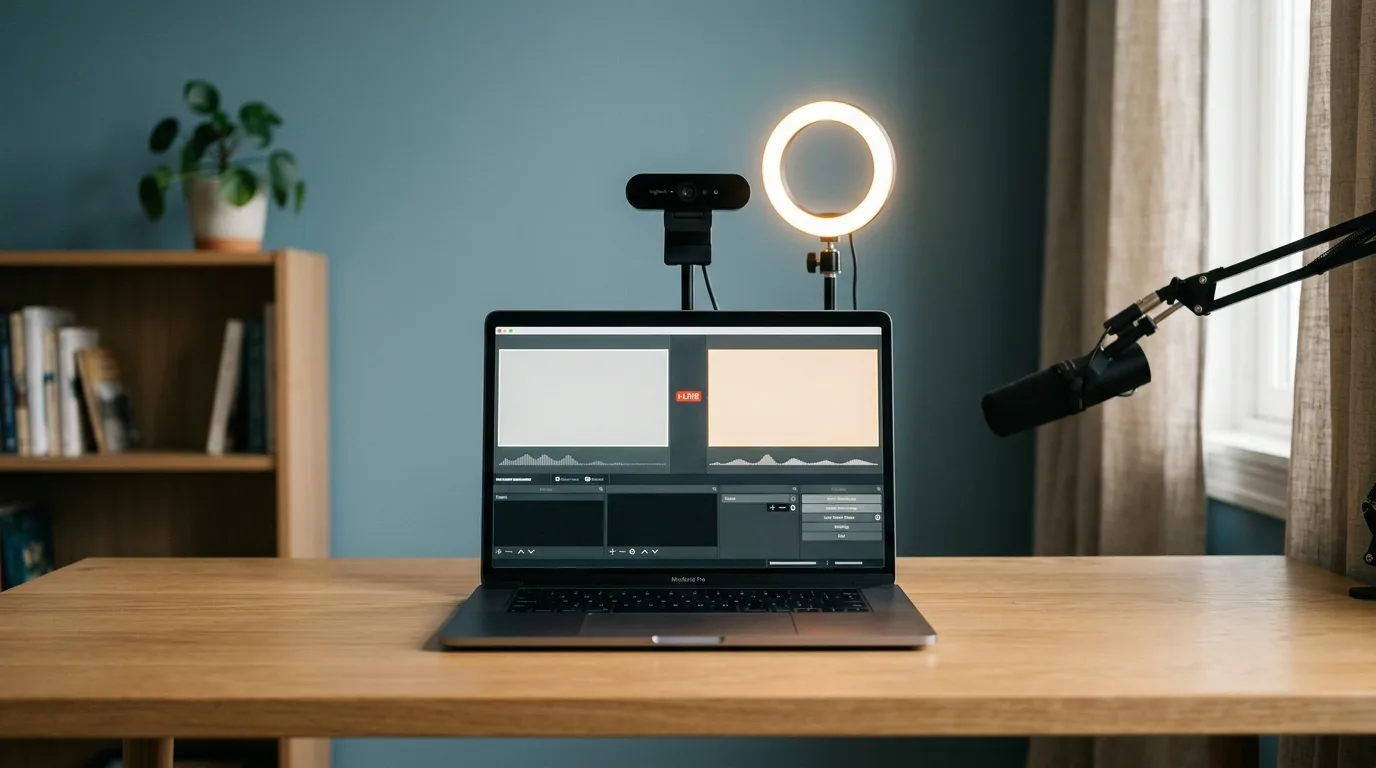 Laptop op een bureau met een uitzendinterface, met daarachter een camera en een ringlamp