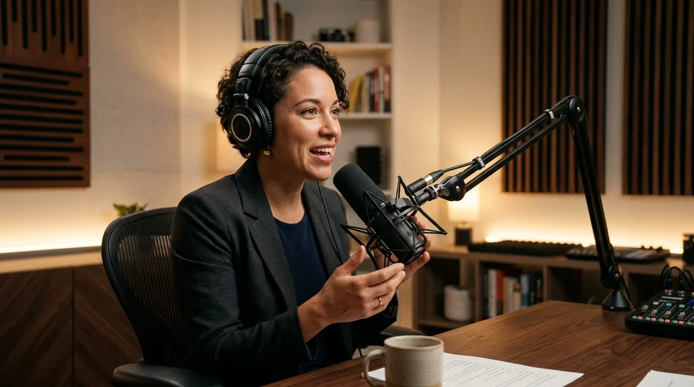 Professional met koptelefoon spreekt in een microfoon in een moderne podcaststudio